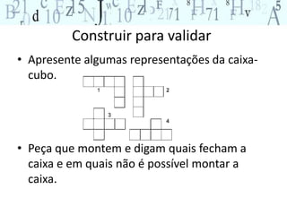 Construir para validar 
• Apresente algumas representações da caixa-cubo. 
• Peça que montem e digam quais fecham a 
caixa e em quais não é possível montar a 
caixa. 
 