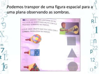 Podemos transpor de uma figura espacial para a 
uma plana observando as sombras. 
 