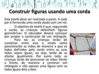Construir figuras usando uma corda 
Esta tarefa deve ser realizada a pares. A cada 
par é fornecida uma corda atada com um nó. 
O objetivo da tarefa é que, segurando 
a corda, as crianças obtenham figuras 
geométricas. O educador deverá começar 
por propor a construção de um retângulo. 
Para tal, as crianças terão de 
combinar entre elas o modo como 
posicionarão as mãos de maneira a que os 
lados definidos pela corda entre as suas 
mãos sejam iguais, ou seja, terão de as 
afastar igualmente. Por outro lado, as 
crianças terão de posicionar as mãos frente 
a frente, de maneira a construir um 
retângulo e não apenas uma figura com os 
lados iguais dois a dois. 
 