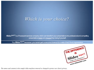 Which is your choice?


        Slides2407! is a Powerpoint services company which can transform your presentations into professional and compelling
                                       presentations fasterand cheaperthan doing it yourself.

                     Slides2407!




The names and contents in the sample slides maybeen removed or changed to protect our client’s privacy.
 
