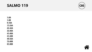 SALMO 119
1-8A
1-8B
9-16A
17-24A
25-32A
33-40A
41-48A
41-48B
49-56A
73-80B
81-88B
 