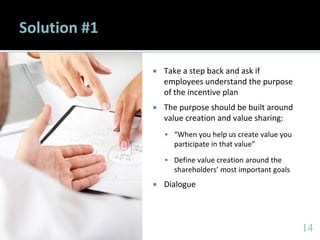 1414
Solution #1
 Take a step back and ask if
employees understand the purpose
of the incentive plan
 The purpose should be built around
value creation and value sharing:
 “When you help us create value you
participate in that value”
 Define value creation around the
shareholders’ most important goals
 Dialogue
 