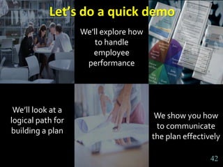 4242
How doesVisionLink help?
We’ll explore how
to handle
employee
performance
We show you how
to communicate
the plan effectively
We’ll look at a
logical path for
building a plan
Let’s do a quick demo
42
 
