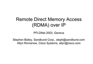 Remote Direct Memory Access (RDMA) over IP PFLDNet 2003, Geneva Stephen Bailey, Sandburst Corp., steph@sandburst.com Allyn Romanow, Cisco Systems, allyn@cisco.com 