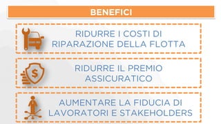 BENEFICI 
RIDURRE IL PREMIO 
ASSICURATICO 
AUMENTARE LA FIDUCIA DI 
LAVORATORI E STAKEHOLDERS 
RIDURRE I COSTI DI 
RIPARAZIONE DELLA FLOTTA 
 
