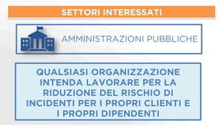 SETTORI INTERESSATI 
AMMINISTRAZIONI PUBBLICHE 
QUALSIASI ORGANIZZAZIONE 
INTENDA LAVORARE PER LA 
RIDUZIONE DEL RISCHIO DI 
INCIDENTI PER I PROPRI CLIENTI E 
I PROPRI DIPENDENTI 
 