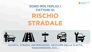 SONO MOLTEPLICI I 
FATTORI DI 
RISCHIO 
STRADALE 
AUTISTA, STRADA, INFORMAZIONI, GESTIONE DELLA FLOTTA, 
MANUTENZIONI, ECC… 
 