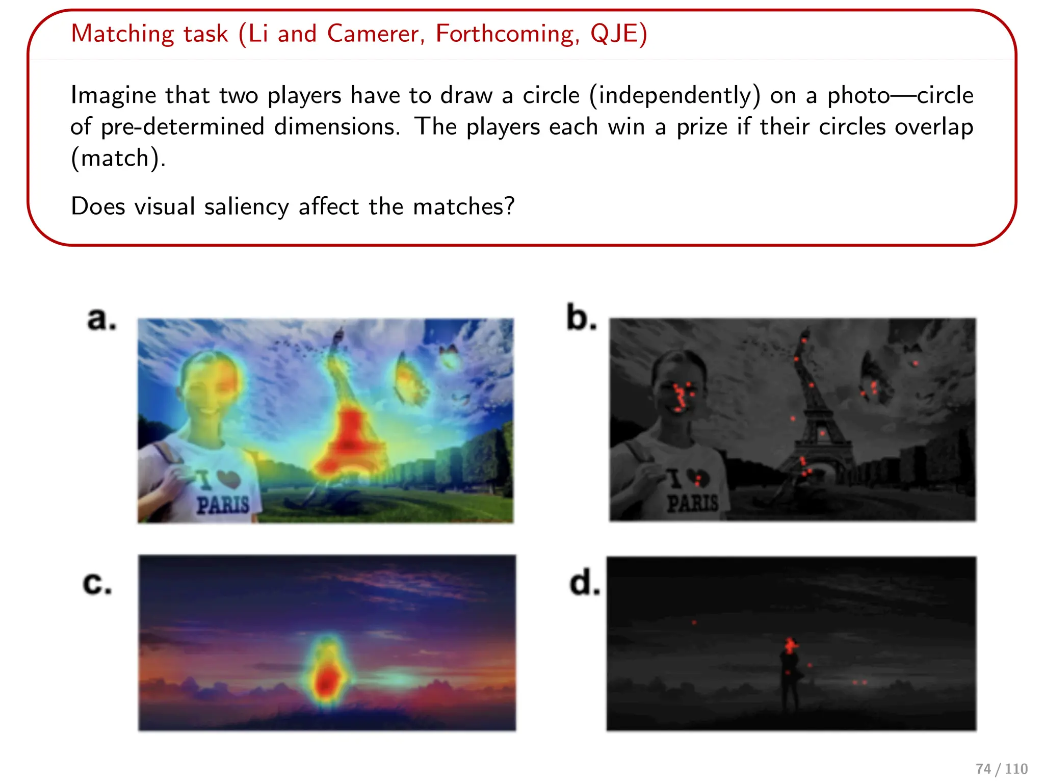Matching task (Li and Camerer, Forthcoming, QJE)
Imagine that two players have to draw a circle (independently) on a photo—circle
of pre-determined dimensions. The players each win a prize if their circles overlap
(match).
Does visual saliency aﬀect the matches?
74 / 110
 