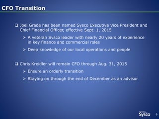 6
CFO TransitionCFO Transition
 Joel Grade has been named Sysco Executive Vice President and
Chief Financial Officer, effective Sept. 1, 2015
 A veteran Sysco leader with nearly 20 years of experience
in key finance and commercial roles
 Deep knowledge of our local operations and people
 Chris Kreidler will remain CFO through Aug. 31, 2015
 Ensure an orderly transition
 Staying on through the end of December as an advisor
 