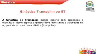 Ginástica
Ginástica Trampolim ou GT
A Ginástica de Trampolim mescla esporte com acrobacias e
espetáculo. Neste esporte o ginasta deve fazer saltos e acrobacias no
ar, pulando em uma cama elástica (trampolim).
 