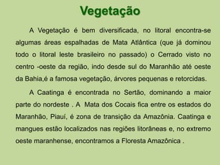Vegetação 
A Vegetação é bem diversificada, no litoral encontra-se 
algumas áreas espalhadas de Mata Atlântica (que já dominou 
todo o litoral leste brasileiro no passado) o Cerrado visto no 
centro -oeste da região, indo desde sul do Maranhão até oeste 
da Bahia,é a famosa vegetação, árvores pequenas e retorcidas. 
A Caatinga é encontrada no Sertão, dominando a maior 
parte do nordeste . A Mata dos Cocais fica entre os estados do 
Maranhão, Piauí, é zona de transição da Amazônia. Caatinga e 
mangues estão localizados nas regiões litorâneas e, no extremo 
oeste maranhense, encontramos a Floresta Amazônica . 
 