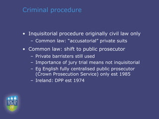 Criminal procedure


• Inquisitorial procedure originally civil law only
   – Common law: “accusatorial” private suits
• Common law: shift to public prosecutor
   – Private barristers still used
   – Importance of jury trial means not inquisitorial
   – Eg English fully centralised public prosecutor
     (Crown Prosecution Service) only est 1985
   – Ireland: DPP est 1974
 