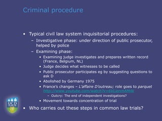 Criminal procedure


• Typical civil law system inquisitorial procedures:
   – Investigative phase: under direction of public prosecutor,
     helped by police
   – Examining phase:
       • Examining judge investigates and prepares written record
         (France, Belgium, NL)
       • Judge decides what witnesses to be called
       • Public prosecutor participates eg by suggesting questions to
         ask D
       • Abolished by Germany 1975
       • France’s changes – L’affaire D’outreau; role goes to parquet
         http://www.youtube.com/watch?v=6VLienmAM4k
           – Outcry: The end of independent investigations?
       • Movement towards concentration of trial

• Who carries out these steps in common law trials?
 