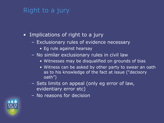 Right to a jury


• Implications of right to a jury
   – Exclusionary rules of evidence necessary
      • Eg rule against hearsay
   – No similar exclusionary rules in civil law
      • Witnesses may be disqualified on grounds of bias
      • Witness can be asked by other party to swear an oath
        as to his knowledge of the fact at issue (“decisory
        oath”)
   – Sets limits on appeal (only eg error of law,
     evidentiary error etc)
   – No reasons for decision
 