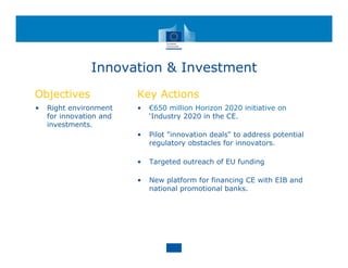 Innovation & Investment
Objectives
• Right environment
for innovation and
investments.
Key Actions
• €650 million Horizon 2020 initiative on
‘Industry 2020 in the CE.
• Pilot "innovation deals" to address potential
regulatory obstacles for innovators.
• Targeted outreach of EU funding
• New platform for financing CE with EIB and
national promotional banks.
 