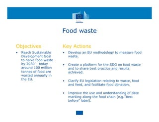 Food waste
Objectives
• Reach Sustainable
Development Goal
to halve food waste
by 2030 – today
around 100 million
tonnes of food are
wasted annually in
the EU.
Key Actions
• Develop an EU methodology to measure food
waste.
• Create a platform for the SDG on food waste
and to share best practice and results
achieved.
• Clarify EU legislation relating to waste, food
and feed, and facilitate food donation.
• Improve the use and understanding of date
marking along the food chain (e.g."best
before" label).
 