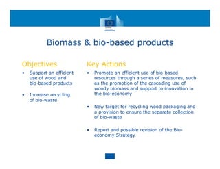 Biomass & bio-based products
Objectives
• Support an efficient
use of wood and
bio-based products
• Increase recycling
of bio-waste
Key Actions
• Promote an efficient use of bio-based
resources through a series of measures, such
as the promotion of the cascading use of
woody biomass and support to innovation in
the bio-economy
• New target for recycling wood packaging and
a provision to ensure the separate collection
of bio-waste
• Report and possible revision of the Bio-
economy Strategy
 