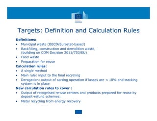 Targets: Definition and Calculation Rules
Definitions:
• Municipal waste (OECD/Eurostat-based)
• Backfilling, construction and demolition waste,
(building on COM Decision 2011/753/EU)
• Food waste
• Preparation for reuse
Calculation rules:
• A single method
• Main rule: input to the final recycling
• Derogation: output of sorting operation if losses are < 10% and tracking
system is in place
New calculation rules to cover :
• Output of recognised re-use centres and products prepared for reuse by
deposit-refund schemes;
• Metal recycling from energy recovery
 