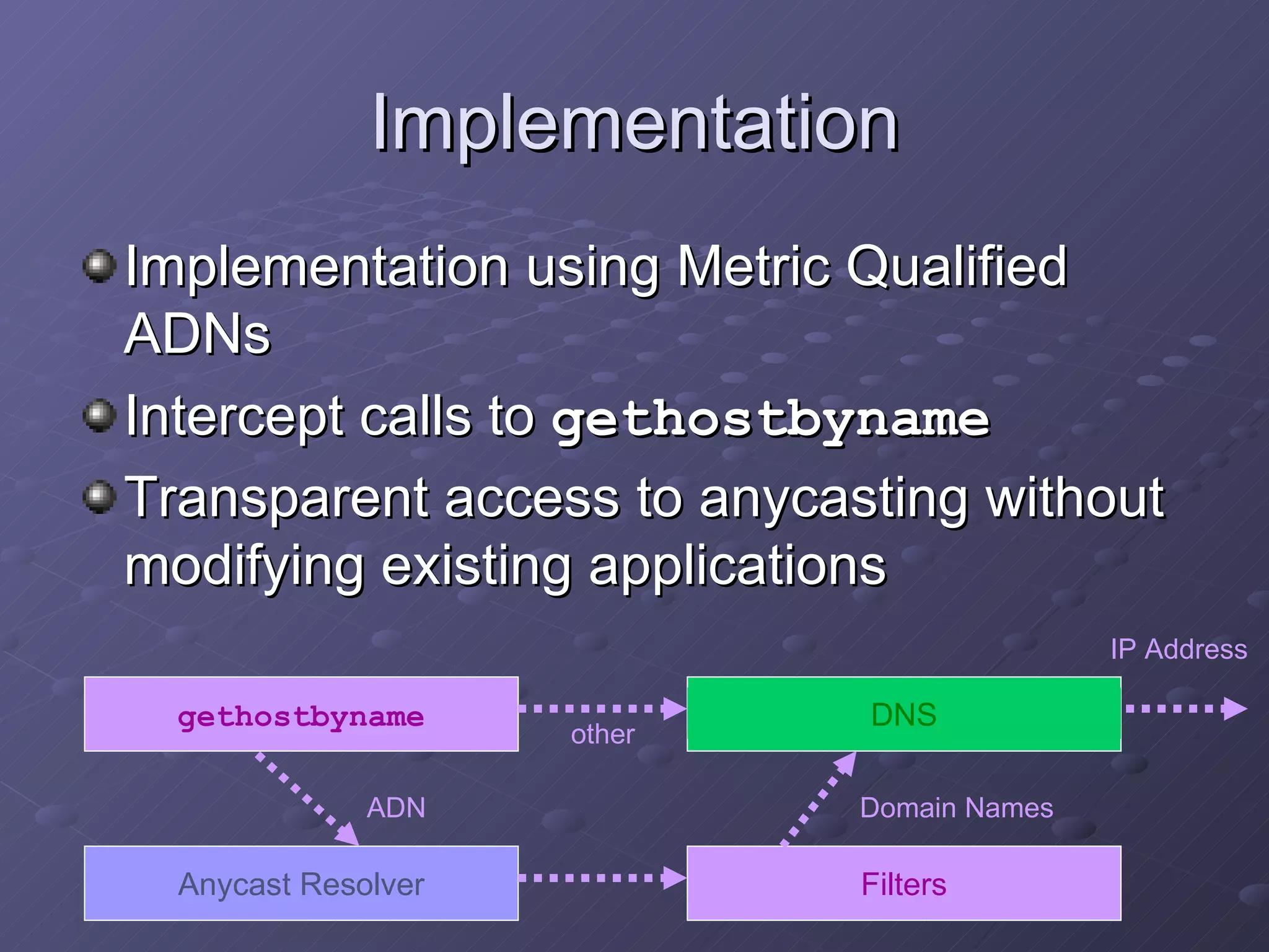 Implementation Implementation using Metric Qualified ADNs Intercept calls to  gethostbyname Transparent access to anycasting without modifying existing applications gethostbyname Anycast Resolver DNS Filters ADN Domain Names other IP Address 