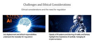 Job displacementandethical responsibilities
underscorethenecessity forregulation
OpacityofAIsystemsandblurringofrealityandfantasy
highlight theimportanceofcarefully managingAI
implementation
Challenges and Ethical Considerations
Ethical considerations and the need for regulation
 