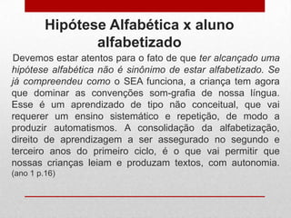 Hipótese Alfabética x aluno
alfabetizado
Devemos estar atentos para o fato de que ter alcançado uma
hipótese alfabética não é sinônimo de estar alfabetizado. Se
já compreendeu como o SEA funciona, a criança tem agora
que dominar as convenções som-grafia de nossa língua.
Esse é um aprendizado de tipo não conceitual, que vai
requerer um ensino sistemático e repetição, de modo a
produzir automatismos. A consolidação da alfabetização,
direito de aprendizagem a ser assegurado no segundo e
terceiro anos do primeiro ciclo, é o que vai permitir que
nossas crianças leiam e produzam textos, com autonomia.
(ano 1 p.16)
 
