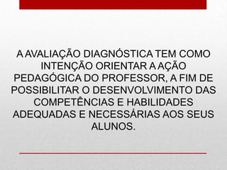 A AVALIAÇÃO DIAGNÓSTICA TEM COMO
INTENÇÃO ORIENTAR A AÇÃO
PEDAGÓGICA DO PROFESSOR, A FIM DE
POSSIBILITAR O DESENVOLVIMENTO DAS
COMPETÊNCIAS E HABILIDADES
ADEQUADAS E NECESSÁRIAS AOS SEUS
ALUNOS.
 