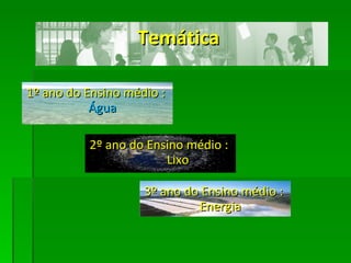 Temática 1º ano do Ensino médio :  Água  2º ano do Ensino médio :  Lixo 3º ano do Ensino médio :  Energia  