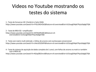 Videos no Youtube mostrando os
testes do sistema
1 - Teste do Conversor AD (Fambrini e Saito DAQ)
https://www.youtube.com/watch?v=FYGL5N2hOxE&feature=c4-overview&list=UU5oogEX4pk7PqJuDq6gG7QA
2 - Teste do MEA-SG + amplificador
https://www.youtube.com/watch?v=WTIEb4PUQFo&feature=c4overview&list=UU5oogEX4pk7PqJuDq6gG7QA
3 - Teste com matriz multi-eletrodo e folhas de arvores com osciloscopio convencional
https://www.youtube.com/watch?v=U4eUE929JRY&feature=c4-overview&list=UU5oogEX4pk7PqJuDq6gG7QA
4 - Teste do sistema de aquisição de dados completo de 1 canal, com folhas de arvores na matriz e também
com o MEA-SG
https://www.youtube.com/watch?v=N2apZBI2mro&feature=c4-overview&list=UU5oogEX4pk7PqJuDq6gG7QA

 