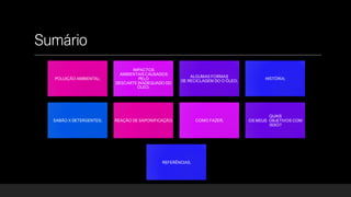 Sumário
POLUIÇÃO AMBIENTAL;
IMPACTOS
AMBIENTAIS CAUSADOS
PELO
DESCARTE INADEQUADO DO
ÓLEO;
ALGUMAS FORMAS
DE RECICLAGEM DO O ÓLEO;
HISTÓRIA;
SABÃO X DETERGENTES; REAÇÃO DE SAPONIFICAÇÃO; COMO FAZER;
QUAIS
OS MEUS OBJETIVOS COM
ISSO?
REFERÊNCIAS.
 