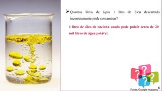➢Quantos litros de água 1 litro de óleo descartado
incorretamente pode contaminar?
1 litro de óleo de cozinha usado pode poluir cerca de 20
millitros deágua potável.
Fonte: Google imagens.
5
 