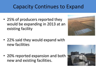 Capacity Continues to Expand

• 25% of producers reported they
  would be expanding in 2013 at an
  existing facility

• 2...
