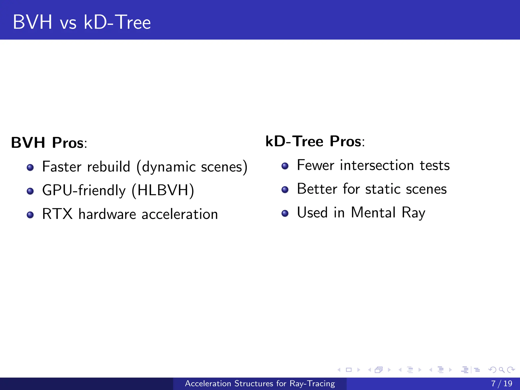 BVH vs kD-Tree
BVH Pros:
Faster rebuild (dynamic scenes)
GPU-friendly (HLBVH)
RTX hardware acceleration
kD-Tree Pros:
Fewer intersection tests
Better for static scenes
Used in Mental Ray
Acceleration Structures for Ray-Tracing 7 / 19
 
