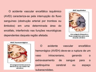 O acidente vascular encefálico isquêmico (AVEI) caracteriza-se pela interrupção do fluxo sanguíneo (obstrução arterial por trombos ou êmbolos) em uma determinada área do encéfalo, interferindo nas funções neurológicas dependentes daquela região afetada . O acidente vascular encefálico hemorrágico (AVEH) deve-se a ruptura de um vaso intracraniano, gerando o extravasamento de sangue para o parênquima cerebral ou espaço subaracnóideo.   