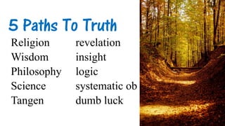 5 Paths To Truth
Religion revelation
Wisdom insight
Philosophy logic
Science systematic ob
Tangen dumb luck
 