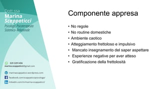 Componente appresa
• No regole
• No routine domestiche
• Ambiente caotico
• Atteggiamento frettoloso e impulsivo
• Mancato insegnamento del saper aspettare
• Esperienze negative per aver atteso
• Gratificazione della frettolosità
 
