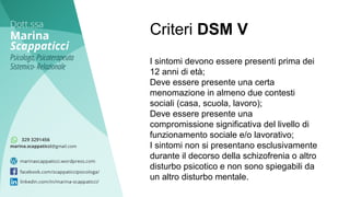 I sintomi devono essere presenti prima dei
12 anni di età;
Deve essere presente una certa
menomazione in almeno due contesti
sociali (casa, scuola, lavoro);
Deve essere presente una
compromissione significativa del livello di
funzionamento sociale e/o lavorativo;
I sintomi non si presentano esclusivamente
durante il decorso della schizofrenia o altro
disturbo psicotico e non sono spiegabili da
un altro disturbo mentale.
Criteri DSM V
 