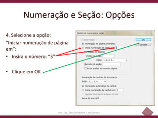 40
Numeração e Seção: Opções
4. Selecione a opção:
“Iniciar numeração de página
em”:
• Insira o número: “3”
• Clique em OK
Inst. Esp. Tales Bündchen Z. de Oliveira
 