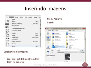 43
Inserindo imagens
Menu Arquivo
Inserir
Inst. Esp. Tales Bündchen Z. de Oliveira
Selecione uma imagem
• Jpg, psd, pdf, tiff, dentre outros
tipos de arquivo.
 