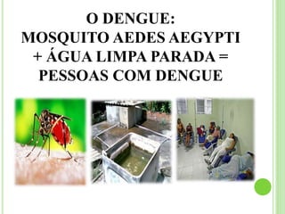 O DENGUE:
MOSQUITO AEDES AEGYPTI
+ ÁGUA LIMPA PARADA =
PESSOAS COM DENGUE
 