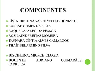 COMPONENTES
 LÍVIA CRISTINA VASCONCELOS DONIZETE
 LORENE GOMES DA SILVA
 RAQUELAPARECIDA PESSOA
 ROSILAINE FREITAS MOREIRA
 TAYNARA CÍNTIAALVES CAMARGOS
 THAÍS BELARMINO SILVA
 DISCIPLINA: MICROBIOLOGIA
 DOCENTE: ADRIANO GUIMARÃES
PARREIRA
 