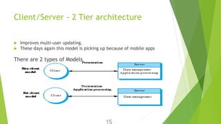 Client/Server - 2 Tier architecture
 Improves multi-user updating.
 These days again this model is picking up because of mobile apps
There are 2 types of Models
15
 