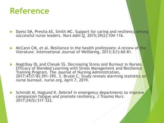 Reference
 Dyess SM, Prestia AS, Smith MC. Support for caring and resiliency among
successful nurse leaders. Nurs Adm Q. 2015;39(2):104–116.
 McCann CM, et al. Resilience in the health professions: A review of the
literature. International Journal of Wellbeing, 2013;3(1):60-81.
 Magtibay DL and Chesak SS. Decreasing Stress and Burnout in Nurses.
Efficacy of Blended Learning with Stress Management and Resilience
Training Program. The Journal of Nursing Administration,
2017;47(7/8):391-395. 3. Brusie C. Study reveals alarming statistics on
nurse burnout. nurse.org, April 7, 2019.
 Schmidt M, Haglund K. Debrief in emergency departments to improve
compassion fatigue and promote resiliency. J Trauma Nurs.
2017;24(5):317–322.
 