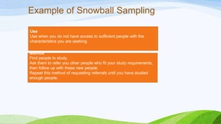 Example of Snowball Sampling
Use
Use when you do not have access to sufficient people with the
characteristics you are seeking.

Method
Find people to study.
Ask them to refer you other people who fit your study requirements,
then follow up with these new people.
Repeat this method of requesting referrals until you have studied
enough people.

 