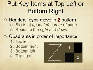 Put Key Items at Top Left or
Bottom Right
Readers’ eyes move in Z pattern
Starts at upper left corner of page
Reads to the right and down
Quadrants in order of importance
1. Top left
2. Bottom right
3. Bottom left
4. Top right
1
2
 