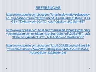 REFERÊNCIAS 
https://www.google.com.br/search?q=animais+mais+selvagens+ 
do+mundo&source=lnms&tbm=isch&sa=X&ei=XzL2U4aUHYLLs 
QSY-YDABw&ved=0CAYQ_AUoAQ&biw=1252&bih=557 
https://www.google.com.br/search?q=animais+domesticos+mais 
+comuns&source=lnms&tbm=isch&sa=X&ei=xTL2U6bYEY_LsQ 
SG8oLwCg&ved=0CAYQ_AUoAQ&biw=1252&bih=557 
https://www.google.com.br/search?q=JACARE&source=lnms&tb 
m=isch&sa=X&ei=x7wAVMGHcS3ogSnpoK4AQ&ved=0CAYQ_ 
AUoAQ&biw=1252&bih=557 
 