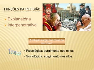 FUNÇÕES DA RELIGIÃO
 Explanatória
 Interpenetrativa
• Psicológica: surgimento nos mitos
• Sociológica: surgimento nos ritos
A religião surgiu dos mitos ou
dos ritos?
 