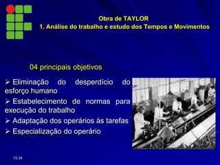 Obra de TAYLOR
1. Análise do trabalho e estudo dos Tempos e Movimentos
 Eliminação do desperdício do
esforço humano
 Estabelecimento de normas para
execução do trabalho
 Adaptação dos operários às tarefas
 Especialização do operário
04 principais objetivos
15:34
 