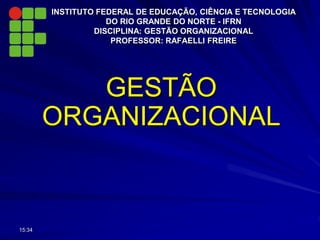 INSTITUTO FEDERAL DE EDUCAÇÃO, CIÊNCIA E TECNOLOGIA
DO RIO GRANDE DO NORTE - IFRN
DISCIPLINA: GESTÃO ORGANIZACIONAL
PROFESSOR: RAFAELLI FREIRE
GESTÃO
ORGANIZACIONAL
15:34
 