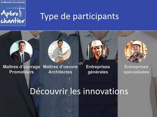 Type de participants 
Maîtres d’ouvrage 
Promoteurs 
Maîtres d’oeuvre 
Architectes 
Entreprises 
générales 
Entreprises 
spécialisées 
Découvrir les innovations 
