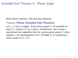 Excluded Grid Theorem A : Planar Graph

Much better relations. We have two theorems:

Theorem (Planar Excluded Grid Theorem)
Let t ≥ 0 be an integer. Every planar graph G of treewidth at
least 9 t, contains t as a minor. Furthermore, there exists a
2
polynomial-time algorithm that for a given planar graph G either
outputs a tree decomposition of G of width 9 t or constructs a
2
minor model of t in G .

 